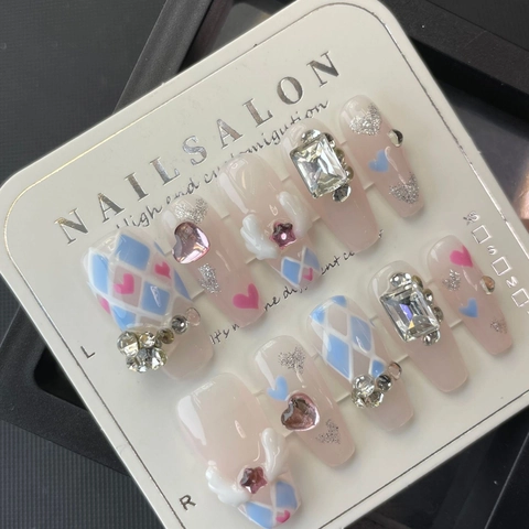 Uñas Postizas Hechas a Mano Dulce Alas de Ángel con Diamantes de Imitación Corazón Estrella Rosa Azul Degradado Ataúd Joyería Mujer