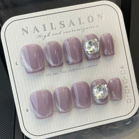 Unghie Finte Artigianali Viola Taro Occhio Di Gatto Con Cuore Strass Shimmer Quadrato Arrotondato Elegante Donna Gioielli