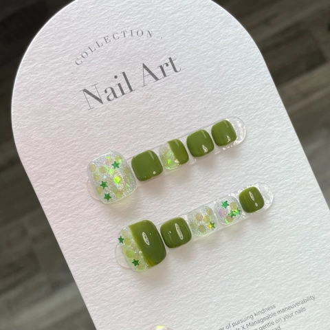 Unghie Finte per Piedi Retrò Verde Paillettes Stella Fatto a Mano Glitter Unghie Artificiali Set per Donna