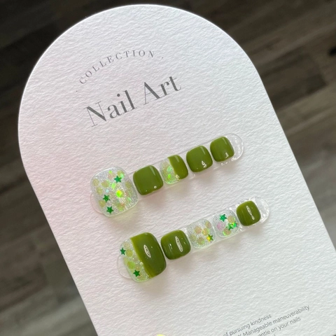 Unghie Finte per Piedi Retrò Verde Paillettes Stella Fatto a Mano Glitter Unghie Artificiali Set per Donna