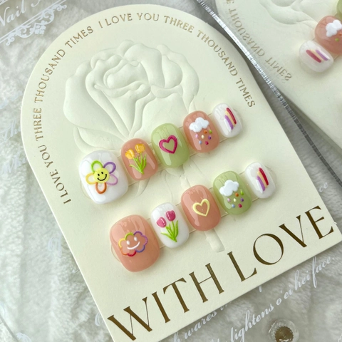 Handgefertigte Aufdrücknägel 3D Relief Blume Herz Muster Macaron Farben Süße Cartoon Künstliche Nägel Damen Täglich Deko