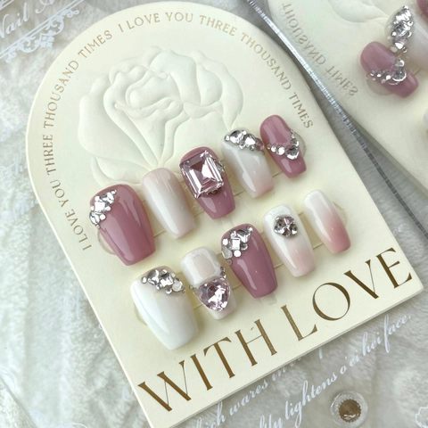 Uñas Postizas Hechas a Mano Rosa Viejo Lujo Strass Degradado Forma Ataúd Larga Juego de Uñas para Mujer Decoración de Uñas