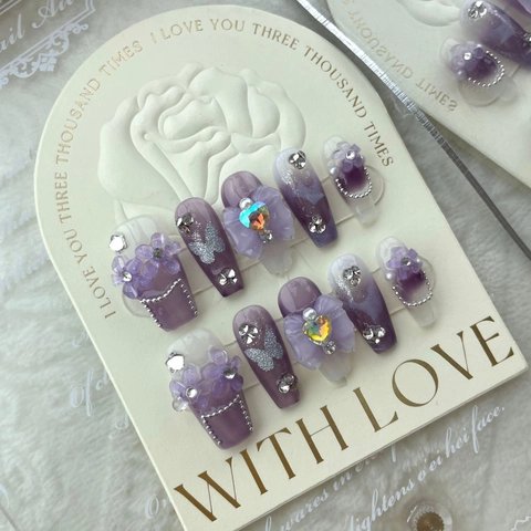 Uñas Postizas de Presión Hechas a Mano Degradado Morado Mariposa Iris Diamantes de Imitación Ataúd Largo Estilo de Hada