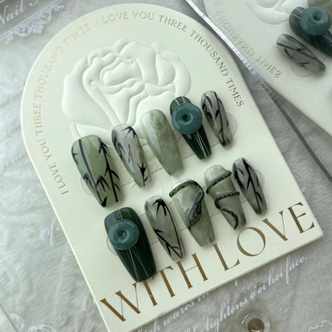 Handmade Press On Nails Green Jade Ink Wash Bamboo Design 3D Snake Decor Coffin Shape Artificial Pearl Inlaid Fake Nails
