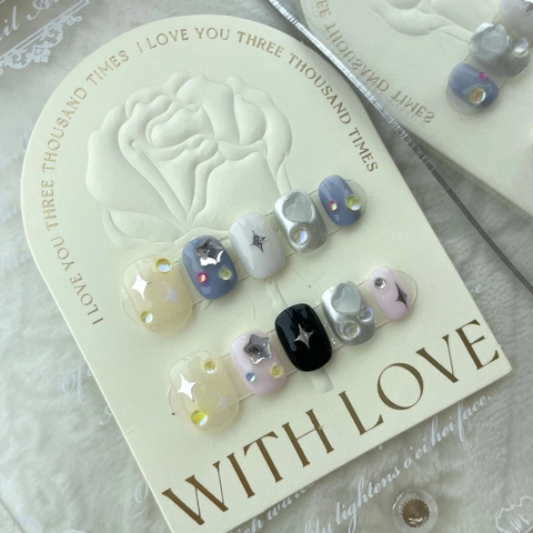 Unghie Finte a Pressione Fatte a Mano Stella Gelato Blu Crema Giallo Cuore Strass Decor Dolce Cool Lucide Donna