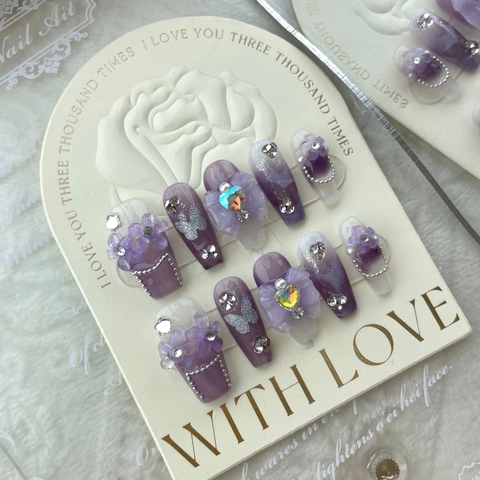 Uñas Postizas de Presión Hechas a Mano Degradado Morado Mariposa Iris Diamantes de Imitación Ataúd Largo Estilo de Hada