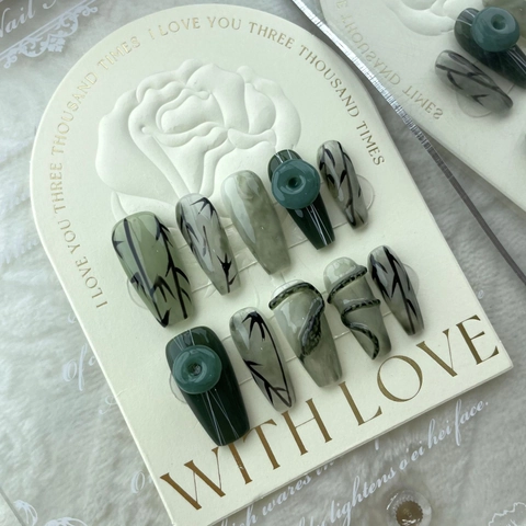 Handmade Press On Nails Green Jade Ink Wash Bamboo Design 3D Snake Decor Coffin Shape Artificial Pearl Inlaid Fake Nails