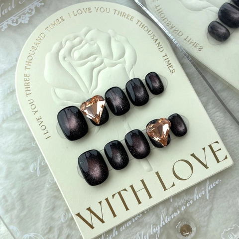 Handmade Black Cat Eye Press On Nails With Heart Rhinestone Short Round Square Fake Nails For Women Manicure Kit