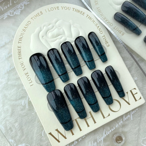 Handgefertigte Smaragdgrüne Katzenauge Press On Nägel Lange Sargform Farbverlauf Glitzer Künstliche Nägel Set Für Damen Luxus Nagelkunst Kit
