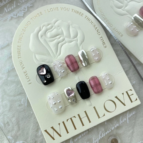 Handmade Press-on Nails Black Pink Plaid With Heart Rhinestone Artificial Pearl For Women Fashion DIY Manicure Nail Art