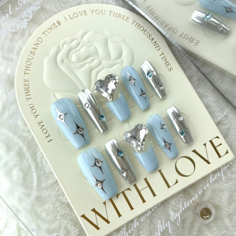 Handmade Blue Heart Press On Nails Sea Salt Starburst Y2K Style Rhinestone Star Decor Full Cover Fake Nails For Women