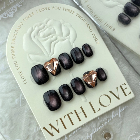 Handmade Black Cat Eye Press On Nails With Heart Rhinestone Short Round Square Fake Nails For Women Manicure Kit