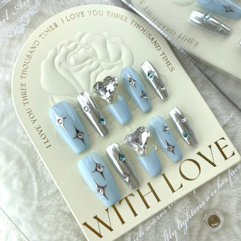 Handmade Blue Heart Press On Nails Sea Salt Starburst Y2K Style Rhinestone Star Decor Full Cover Fake Nails For Women