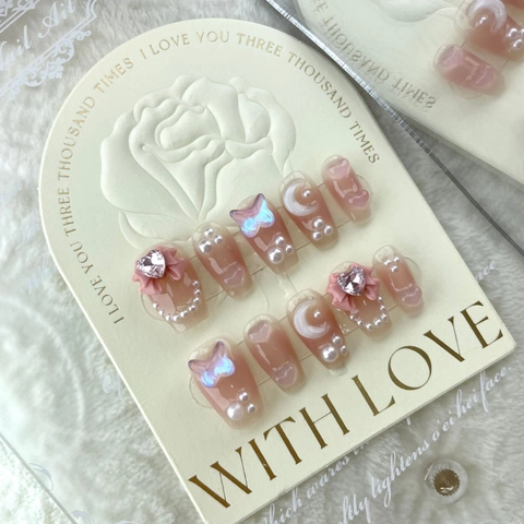 Unghie a Pressione Rosa Dolce Fatte a Mano Con Farfalla 3D Cuore Strass Perla Artificiale Unghie Artificiali Donna