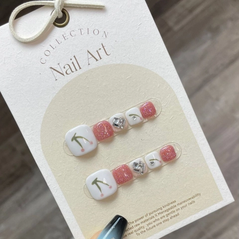 Handgemaakte Kers Teennagel Kunstnagels Parelmoer Wit Roze Glitter Strass Voet Nail Art Stickers Voor Dames Zomer Mode
