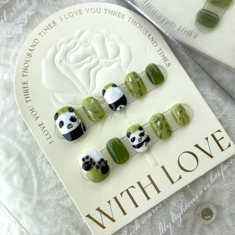 Unghie Finte Artigianali Panda Bambù Dipinte a Mano Carine Verdi Corte Rotonde Quadrate Set Con Kit Colla per Donna