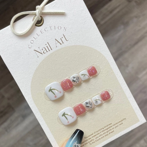 Handgemaakte Kers Teennagel Kunstnagels Parelmoer Wit Roze Glitter Strass Voet Nail Art Stickers Voor Dames Zomer Mode