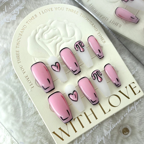 Hand Painted Anime Style Pink White Press On Nails Long Coffin Fake Nails Handmade Minimalist Decorative Nail Tips With Jelly Glue For Women