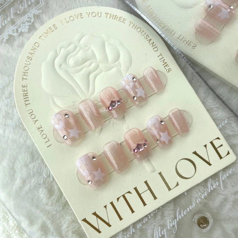 Unghie Finte Fatte a Mano Occhio di Gatto Rosa Con Stelle Decorazione Strass Perle Artificiali Corte Quadrate Tonde