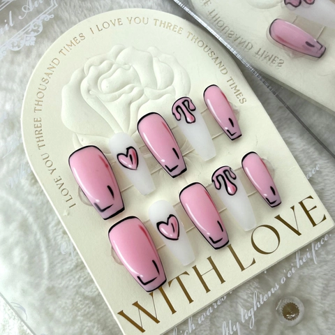 Hand Painted Anime Style Pink White Press On Nails Long Coffin Fake Nails Handmade Minimalist Decorative Nail Tips With Jelly Glue For Women