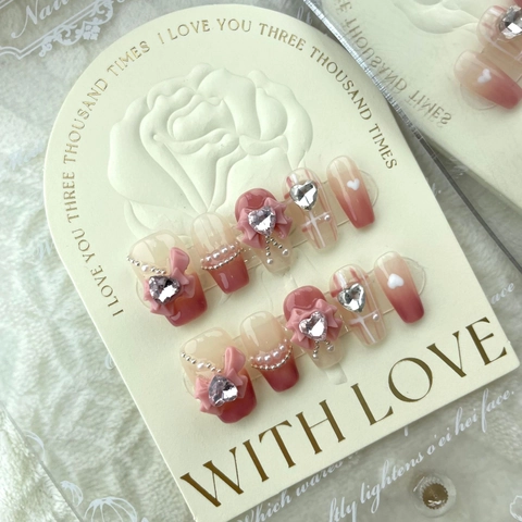 Handmade Pink Plaid Press On Nails With Bowknot Heart Rhinestone Coffin Fake Nails For Women Girls Decorative Manicure