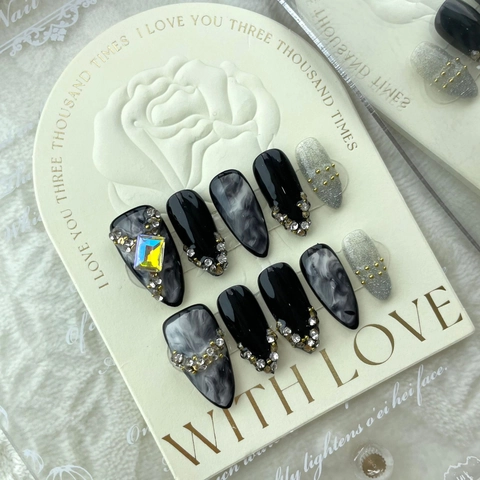 Uñas Postizas Hechas a Mano Diseño Difuminado Estilo Gótico Mármol Negro Forma de Almendra Uñas Reutilizables Con Strass Mujer