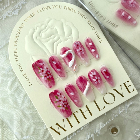 Unghie Finte Artigianali Rosa Fiori di Ciliegio Serpente Bianco Sfumate 3D Rilievo Marmo Unghie Lunghe per Donna