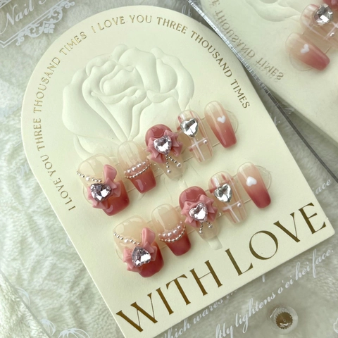 Handmade Pink Plaid Press On Nails With Bowknot Heart Rhinestone Coffin Fake Nails For Women Girls Decorative Manicure