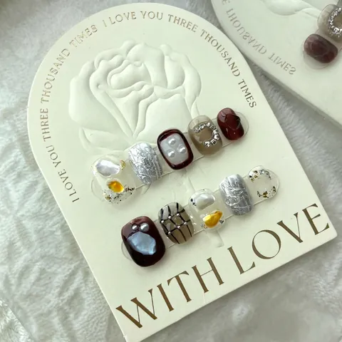 Brown Argyle Press On Nails Square Round With Artificial Pearl Rhinestone Elegant Handmade False Nails For Women Beauty