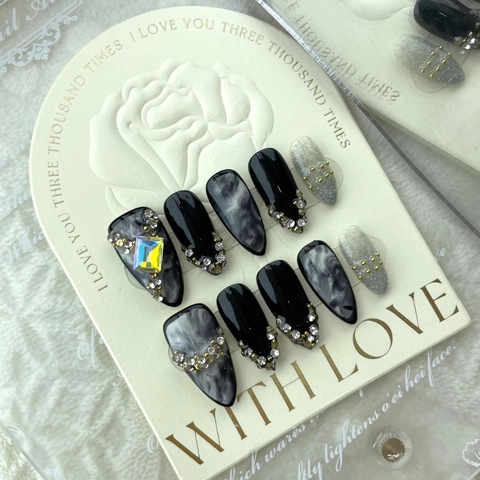 Uñas Postizas Hechas a Mano Diseño Difuminado Estilo Gótico Mármol Negro Forma de Almendra Uñas Reutilizables Con Strass Mujer