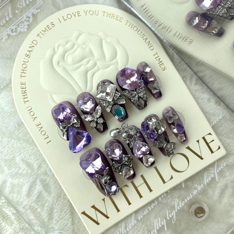 Uñas Postizas Press On Moradas Hechas a Mano Con Alas de Mariposa de Metal 3D Decoración de Corazón de Strass de Lujo Uñas Artificiales Mujer