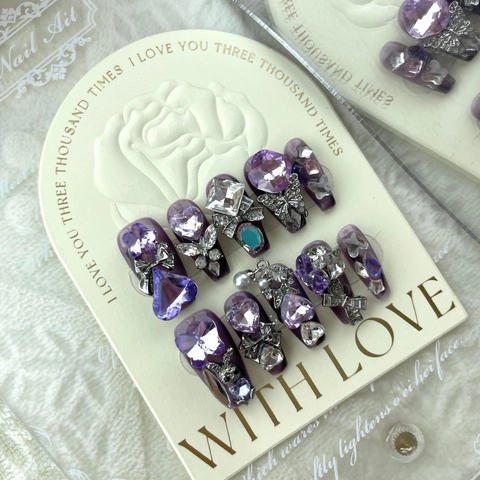 Uñas Postizas Press On Moradas Hechas a Mano Con Alas de Mariposa de Metal 3D Decoración de Corazón de Strass de Lujo Uñas Artificiales Mujer