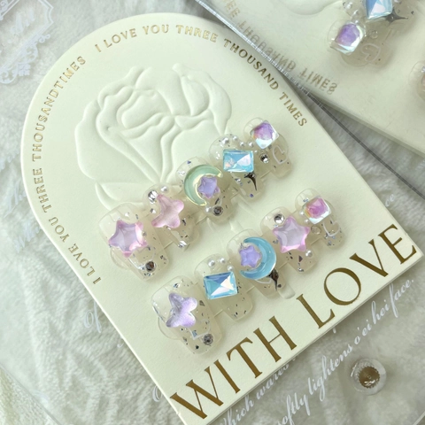 Unghie a Pressione Fatte a Mano Farfalla Stella Ghiaccio Trasparente Con Perle Artificiali Strass Unghie Finte Lunghe per Donna
