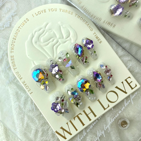 Unghie Finte Fatte a Mano Viola Lussuose Fiori Strass Perle Design Lungo Ballerina per Donna Manicure Quotidiana Fai da Te