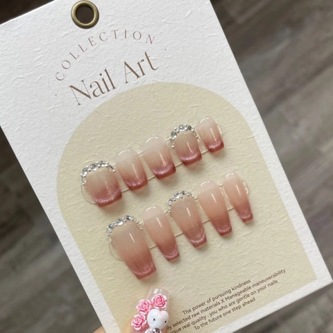 Unghie a Pressione Occhio di Gatto Francese Fatte a Mano Rosa Cannella Sfumate Strass Coffin Unghie Finte Lusso Cielo Stellato per Donna