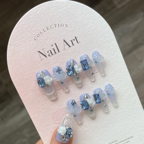 Juego de Uñas Postizas Hechas a Mano Azul Mar Efecto Cristal Hielo Con Rosas 3D Lazos Perlas Artificiales Strass Manicura Elegante Mujer