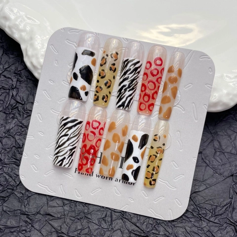 Extra Lange Zelfklevende Kunstnagels Oversized Luipaard Zebra Print Handgemaakte Valse Nagels Voor Dames Europese Stijl
