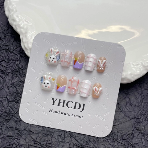 Süßer Cartoon Hase Und Karotte Press On Nails Harz Glänzend Handgefertigt Künstliche Maniküre Für Damen Süßer Stil Fingerschmuck