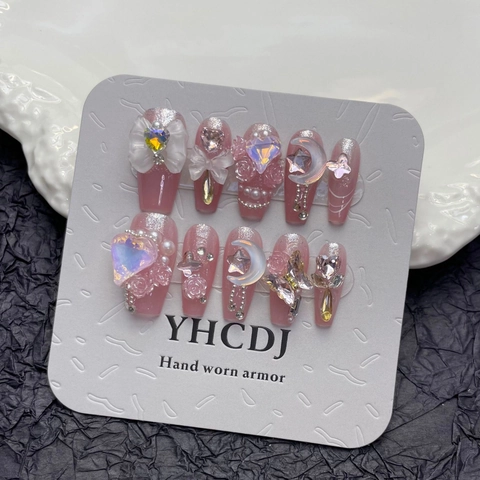 Unghie Finte Artigianali Rosa Glitter Con Fiocco 3D Cuore Strass Lusso Balletto Unghie Finte Dolce Manicure Donna