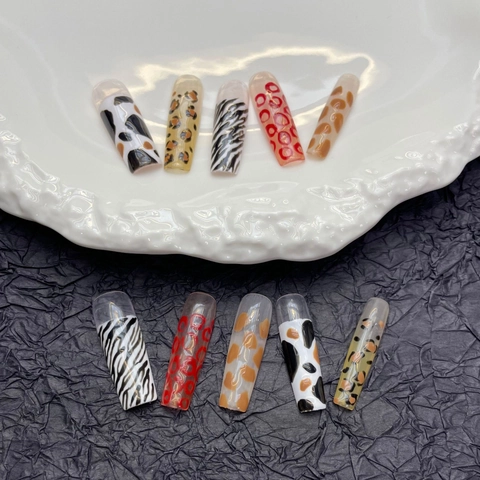 Extra Lange Zelfklevende Kunstnagels Oversized Luipaard Zebra Print Handgemaakte Valse Nagels Voor Dames Europese Stijl