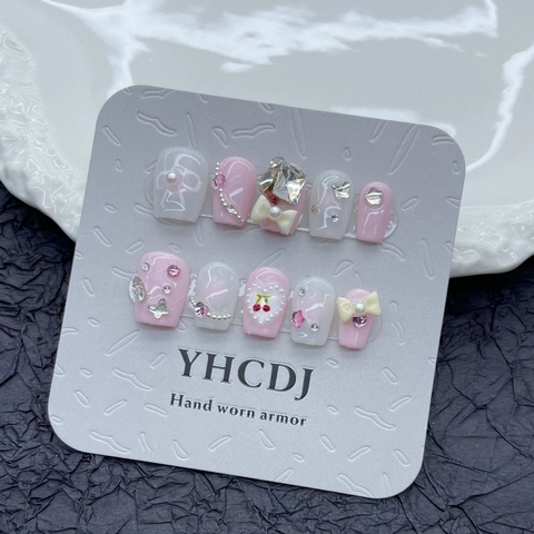 Unghie a Pressione Fatte a Mano Rosa Crema Ciliegia Kit Unghie Sfumate con Fiocco di Strass e Decorazione 3D Unghie