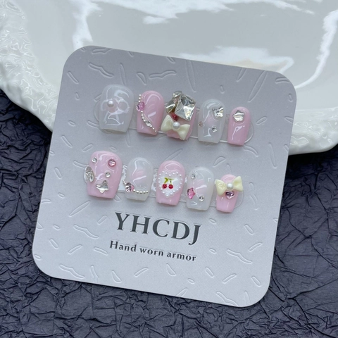 Unghie a Pressione Fatte a Mano Rosa Crema Ciliegia Kit Unghie Sfumate con Fiocco di Strass e Decorazione 3D Unghie