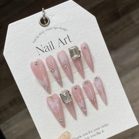 Luxus Katzenauge Hohl Schmetterling Aufdrücknägel Durchscheinend Rosa Stiletto Handgefertigte Künstliche Nägel Mit Strasssteinen Französischer Stil