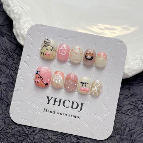 Unghie Finte Fatte a Mano Carino 3D Cartone Maiale Fiore Tondo Corto Unghie Artificiali Stile Dolce Riutilizzabile Decorativo