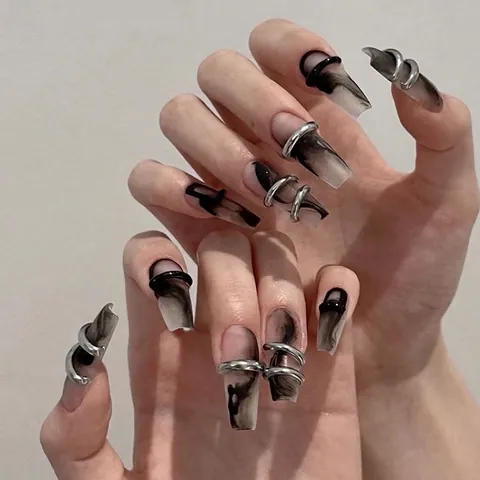 Gothic Dark Ink Wash Marble Press On Nails Hand Painted 3D Metal Ring Decor Long Coffin False Nails For Women Manicure Art