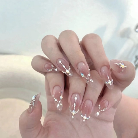 Handgefertigte Künstliche Fingernägel Rosa Farbverlauf Strass Künstliche Perle Dekoration Mandelform Lange Künstliche Nägel