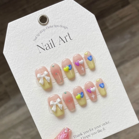 Handmade 3D Bow Heart Press On Nails Candy Color Pastel Blush Fake Nails Sweet Y2K 10Pcs Artificial Nails For Women Girls