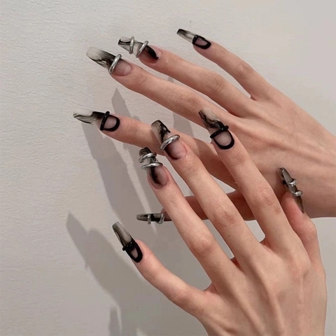 Gothic Dark Ink Wash Marble Press On Nails Hand Painted 3D Metal Ring Decor Long Coffin False Nails For Women Manicure Art
