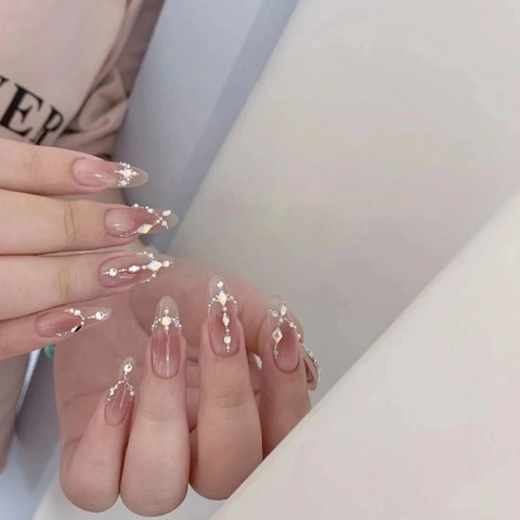 Handgefertigte Künstliche Fingernägel Rosa Farbverlauf Strass Künstliche Perle Dekoration Mandelform Lange Künstliche Nägel