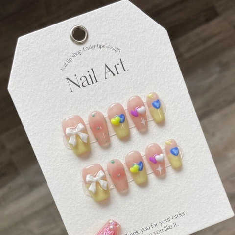 Handmade 3D Bow Heart Press On Nails Candy Color Pastel Blush Fake Nails Sweet Y2K 10Pcs Artificial Nails For Women Girls